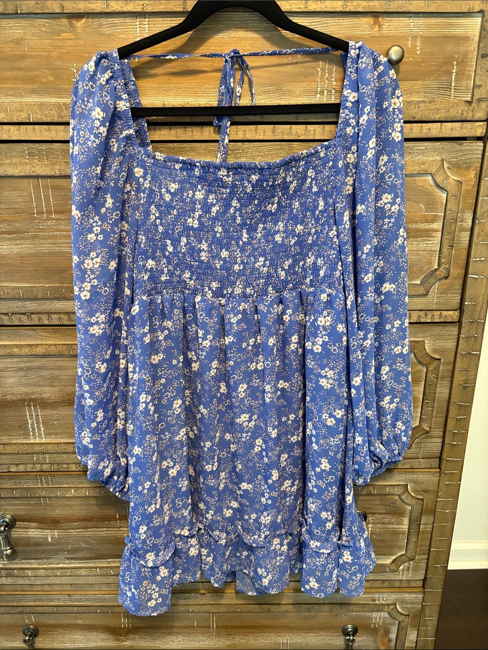 Blue Floral Smocked Mini Dress - Women's